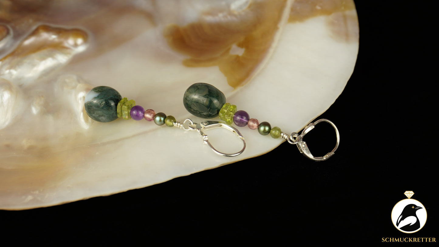 Ohrringe 'Moosmagie' aus 925 Silber - mit Moosachat, Peridot, Turmalin, Amethyst