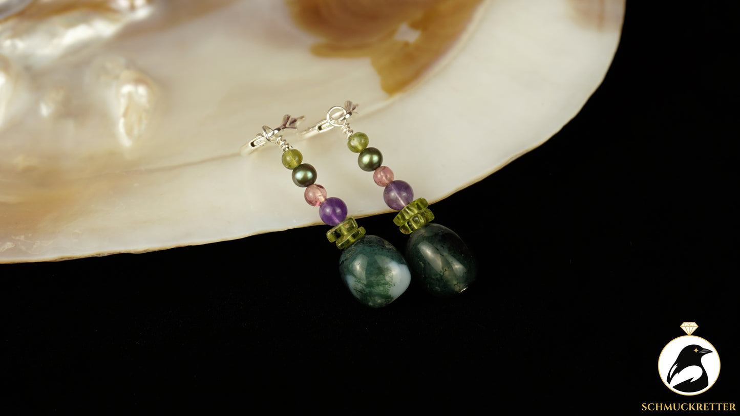 Ohrringe 'Moosmagie' aus 925 Silber - mit Moosachat, Peridot, Turmalin, Amethyst
