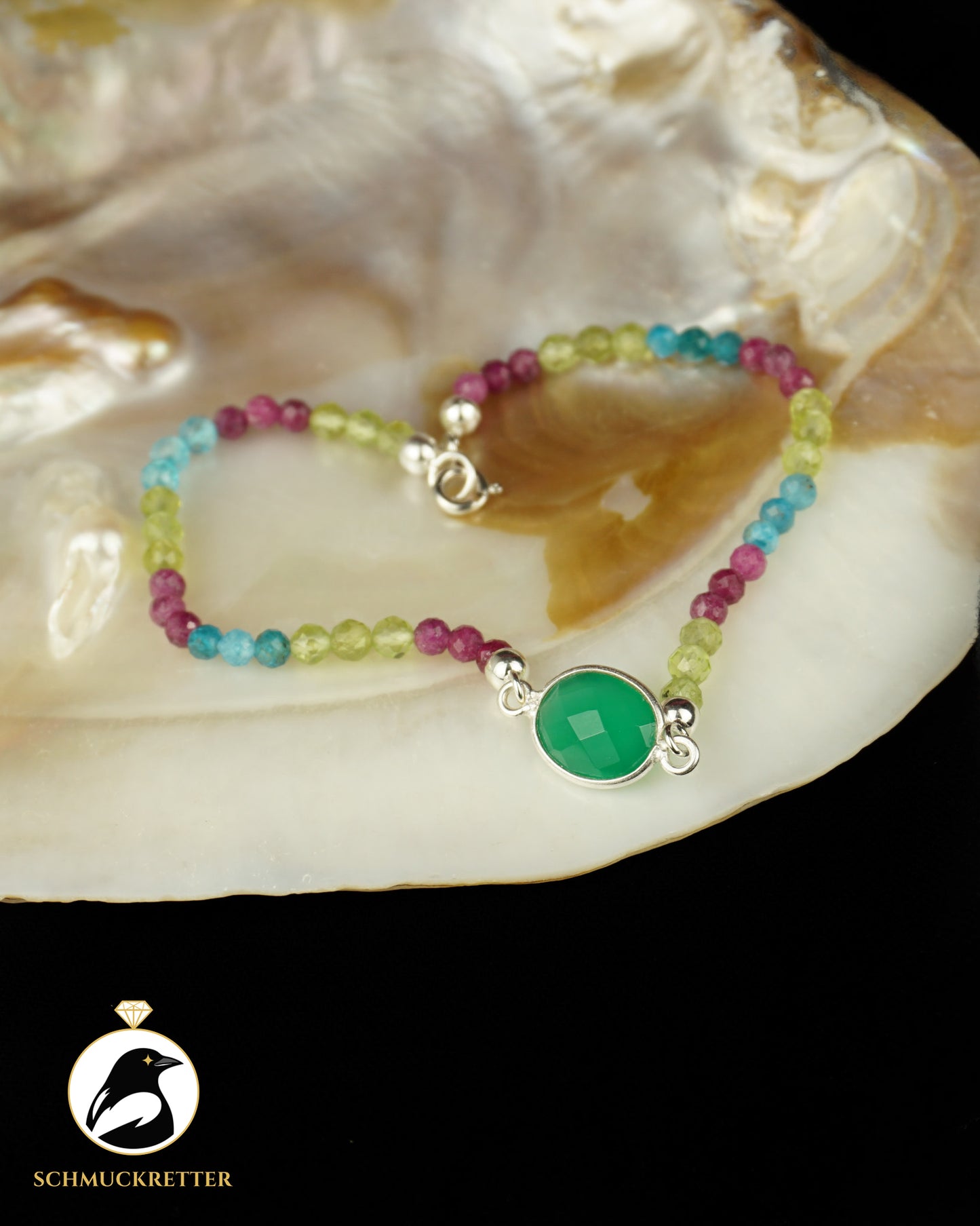 Armband | Pantherchamäleon | Grüner Achat, Peridot, Topas, Apatit & Rubin
