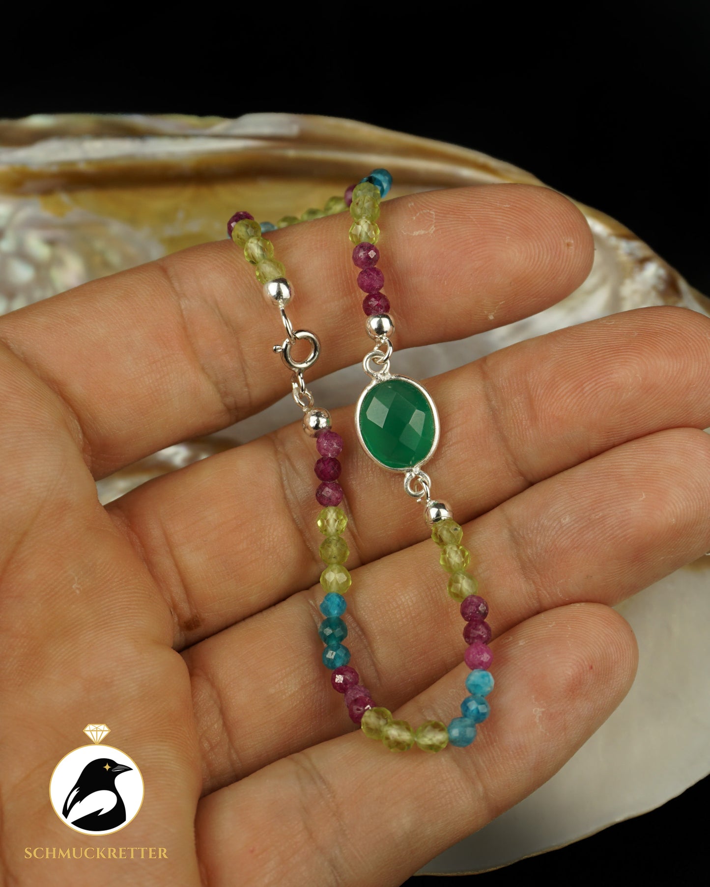 Armband | Pantherchamäleon | Grüner Achat, Peridot, Topas, Apatit & Rubin