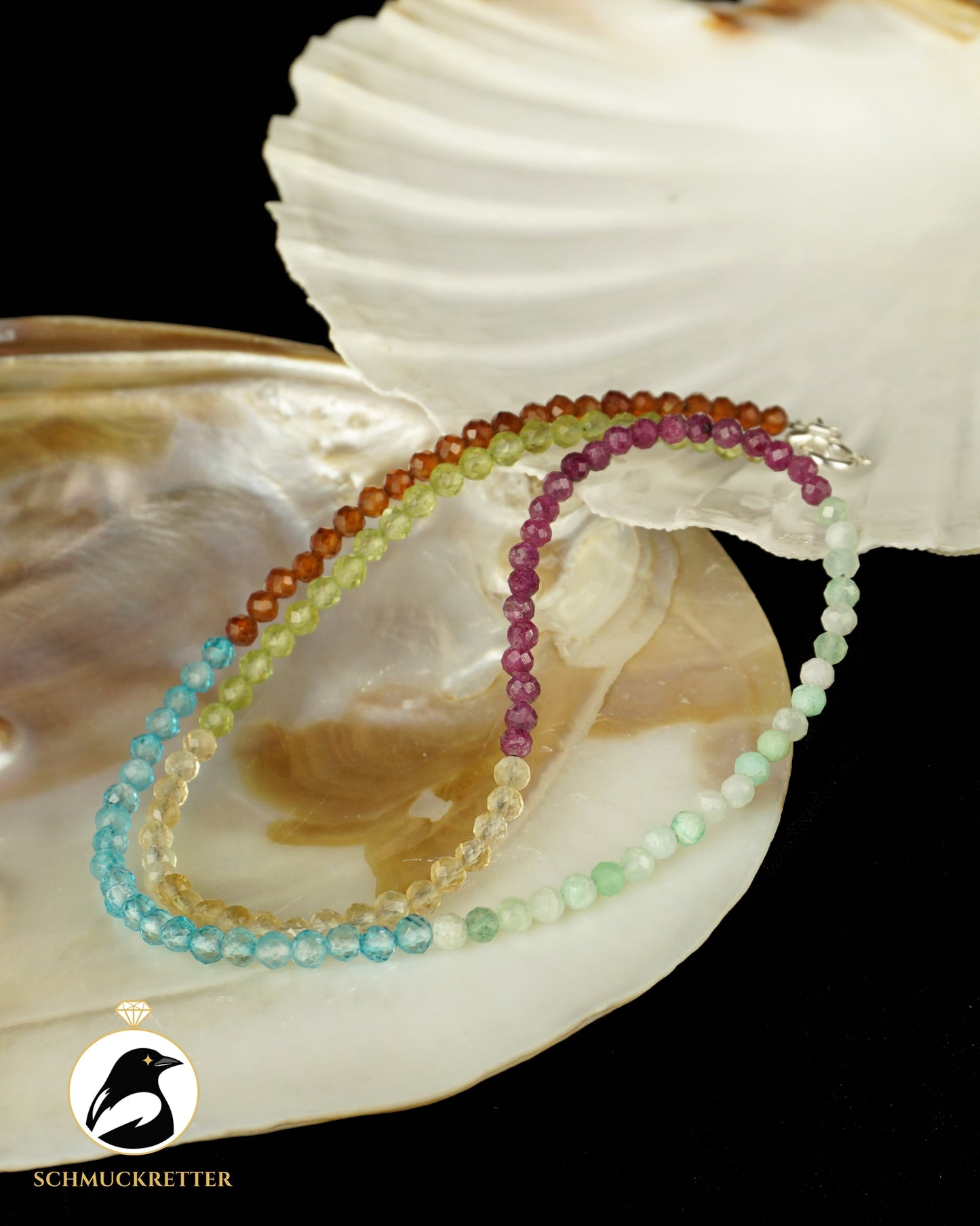 Kette| Papageifisch | Blautopas, Chrysopras, Rubin, Hessonit, Peridot, Citrin
